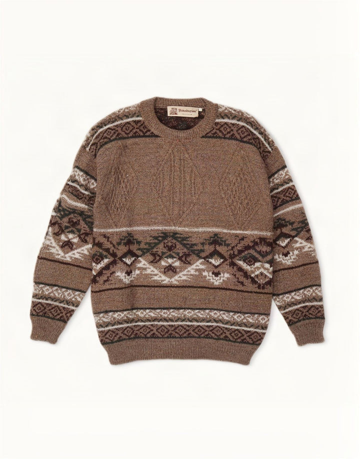 Kennington Uomo Maglione Girocollo Maglione Grande Lana Fair Isle Marrone