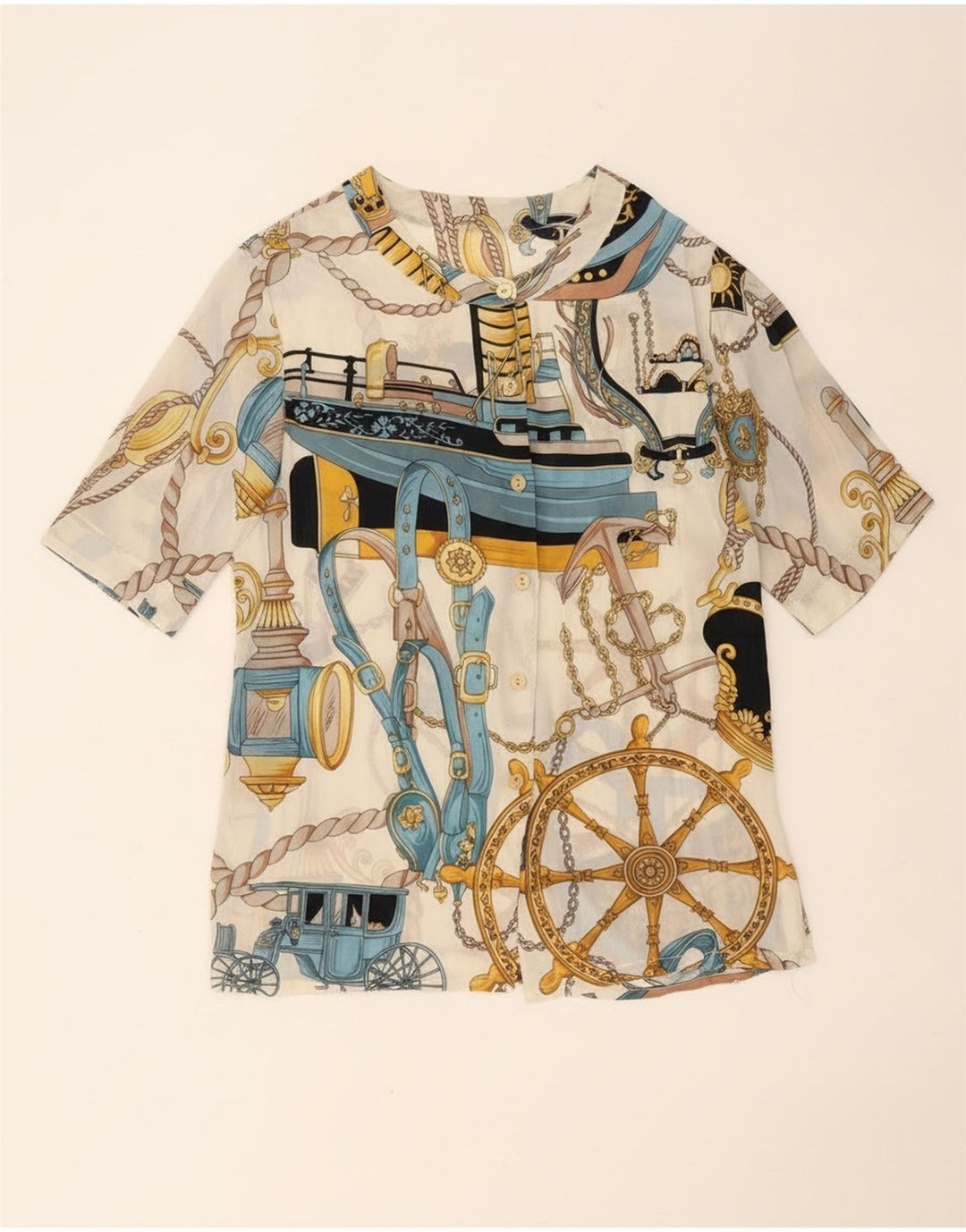 Camicetta a maniche corte con motivo astratto da donna vintage UK 14 grande bianca