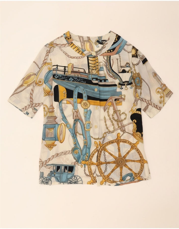 Camicetta a maniche corte con motivo astratto da donna vintage UK 14 grande bianca