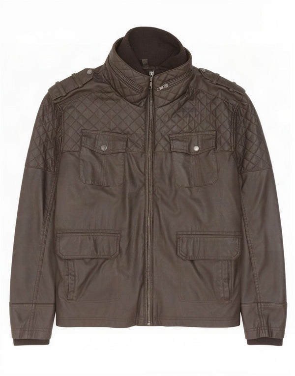 Giacca militare da uomo in ecopelle Jeff Banks UK 44 2XL poliuretano marrone