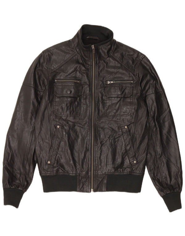 Giubbotto bomber in pelle da uomo Jack & Jones UK 36 piccolo in pelle nera
