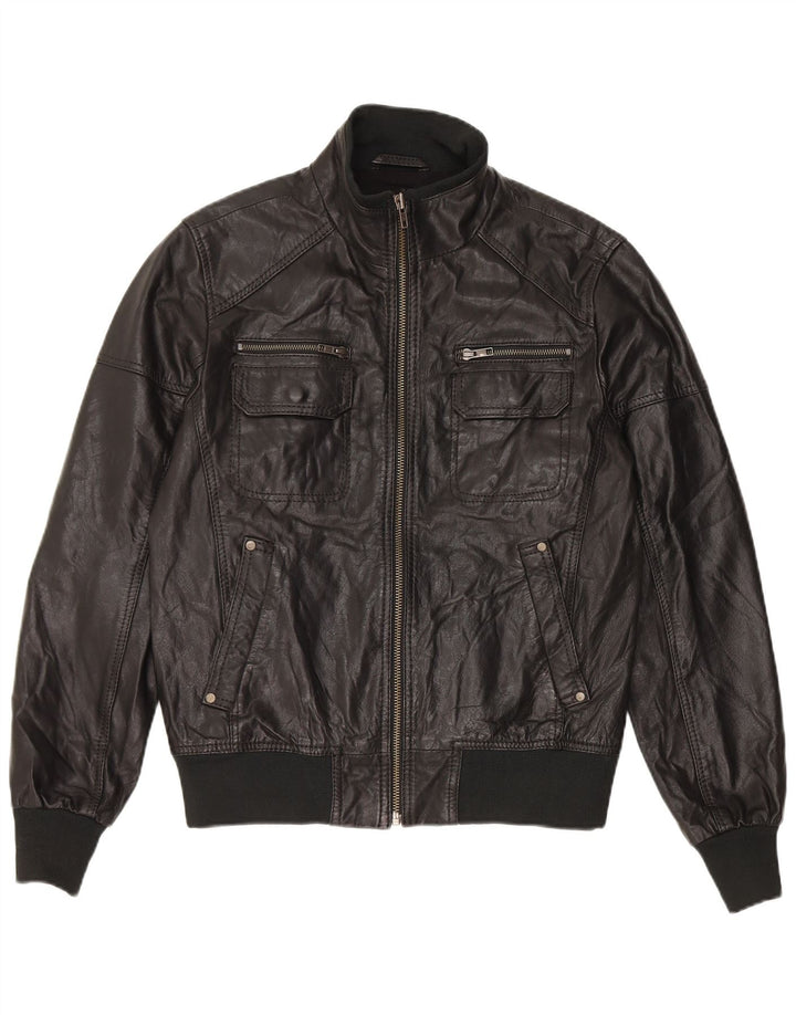 Giubbotto bomber in pelle da uomo Jack & Jones UK 36 piccolo in pelle nera