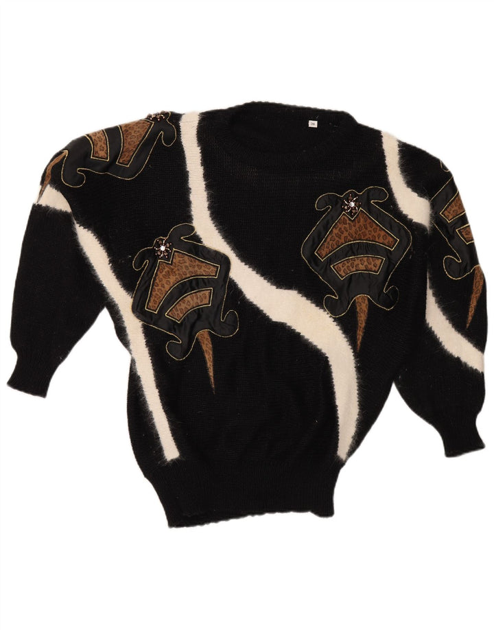 Maglione maglione girocollo da donna VINTAGE EU 38 blocco colore nero medio