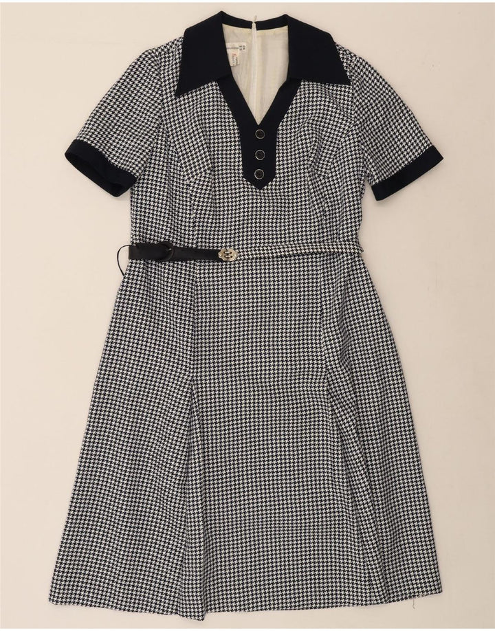 VINTAGE Womens A-Line Dress UK 14 Medium Navy Blue Houndstooth Polyester Vintage Vintage and Second-Hand Vintage from Messina Hembry 