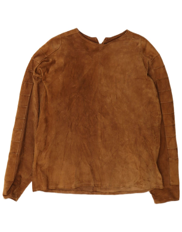 Top vintage in camicetta scamosciata a maniche lunghe da donna, corto, UK 16, grande, marrone