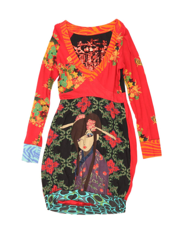 Desigual Abito a maniche lunghe da donna a maniche lunghe UK 12 Cotone floreale rosso medio