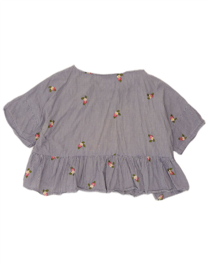 ZARA Camicetta Corta da Donna Top UK 14 Blu Medio Gessato