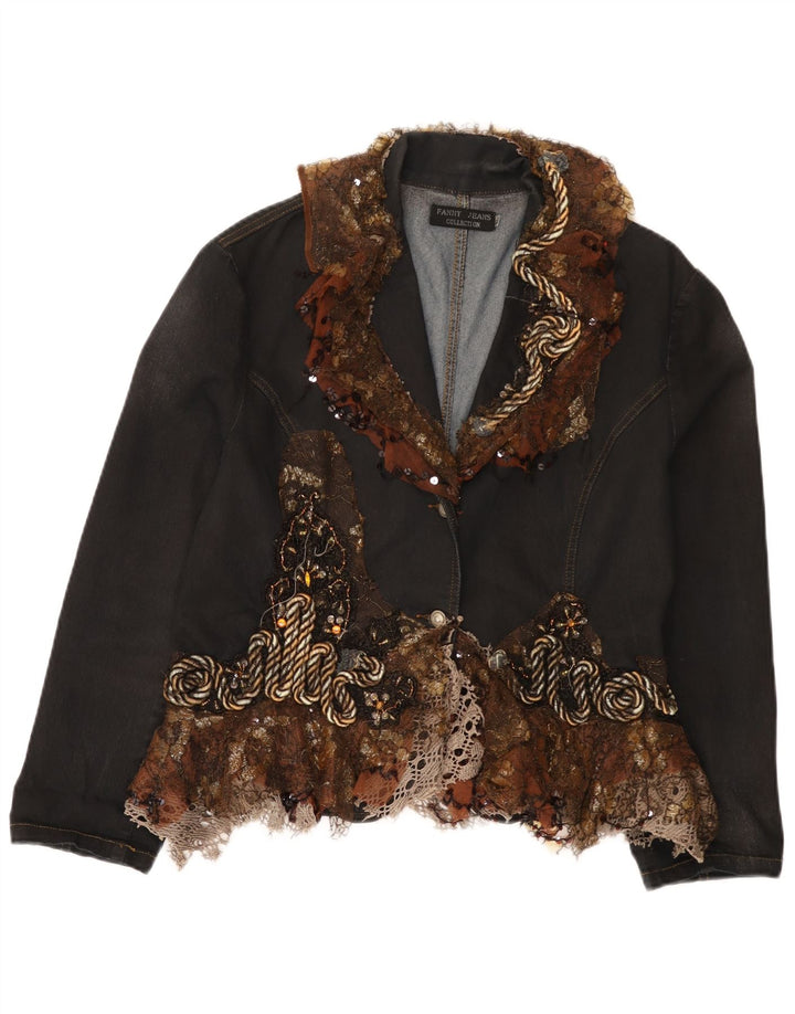 Giacca blazer in denim vintage da donna a 2 bottoni UK 18 XL color block nero
