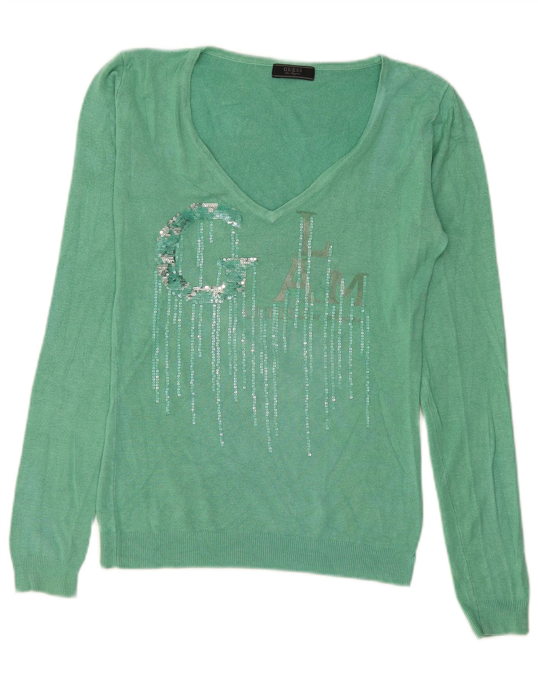 Maglione maglione con scollo a V grafico da donna Guess UK 12 Verde medio
