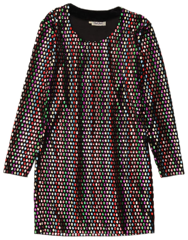 Abito a trapezio vintage da donna a maniche lunghe UK 12 medio multicolore maculato