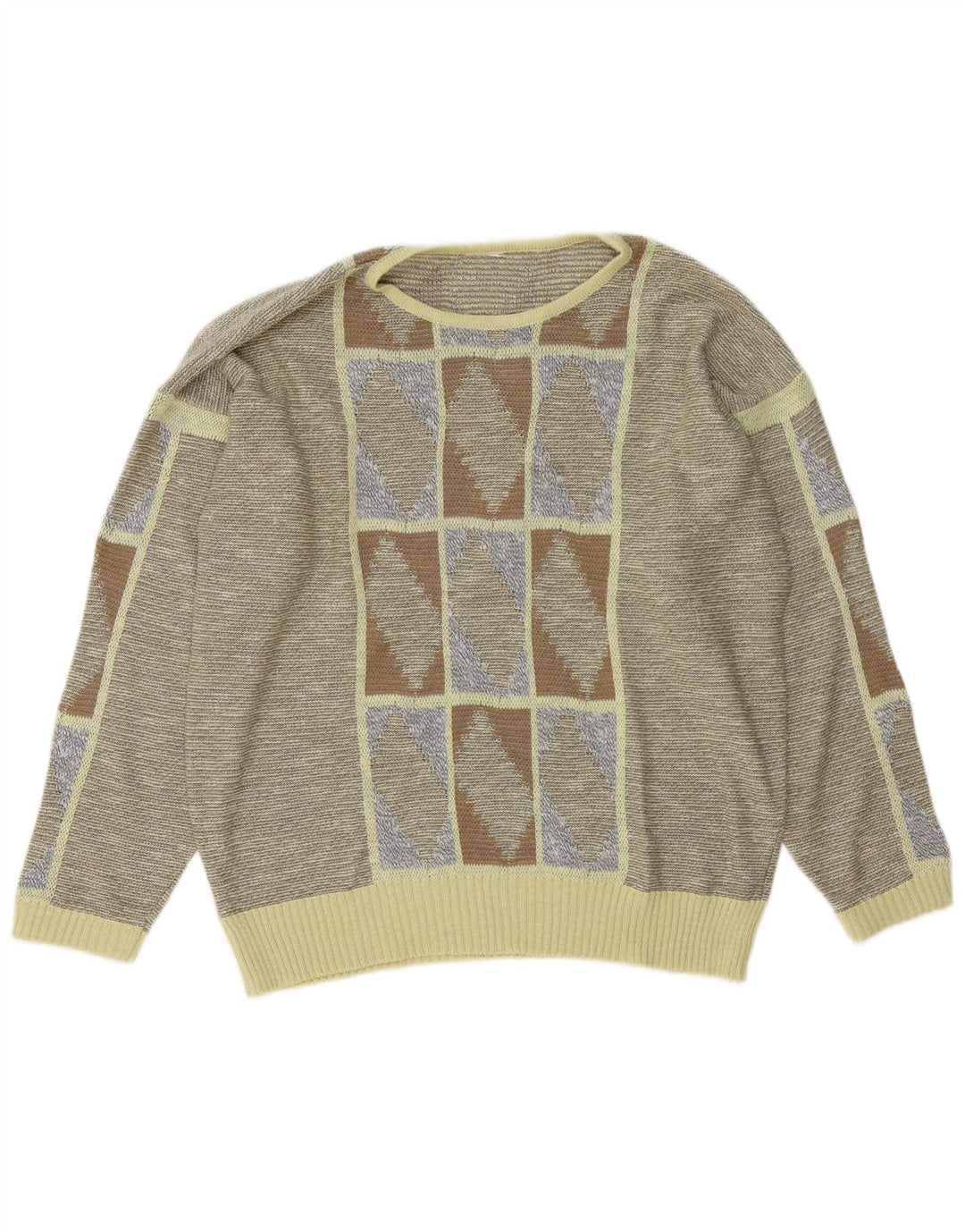 Maglione maglione con scollo a barca da donna VINTAGE UK 16 Grande grigio geometrico