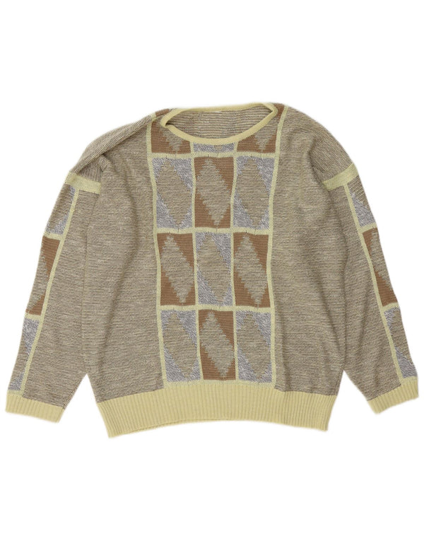 Maglione maglione con scollo a barca da donna VINTAGE UK 16 Grande grigio geometrico