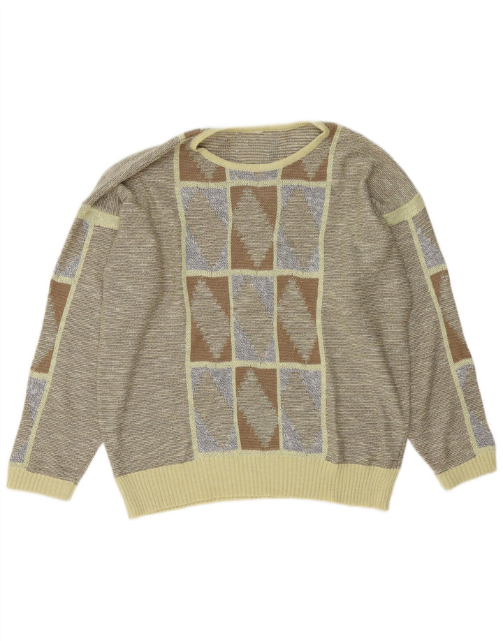 Maglione maglione con scollo a barca da donna VINTAGE UK 16 Grande grigio geometrico