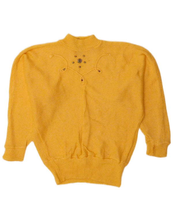 Maglione maglione collo alto da donna vintage UK 10 piccolo angora giallo