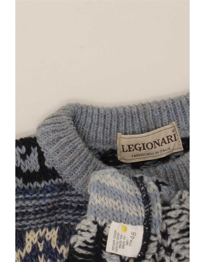 Maglione maglione girocollo da uomo vintage IT 48 lana Fair Isle blu medio