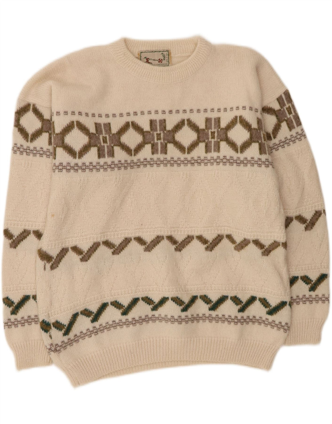 VINTAGE Mens Crew Neck Jumper Sweater XL Off White Geometric Wool Vintage Vintage and Second-Hand Vintage from Messina Hembry 