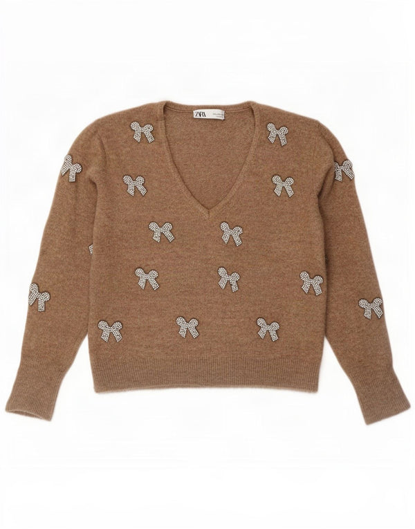 Maglione Zara da donna con scollo a V UK 16 grande acrilico marrone