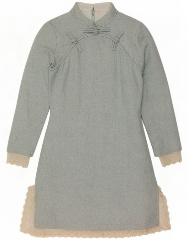 Abito Qi-Pao vintage da donna a maniche lunghe UK 12 Colorblock blu medio