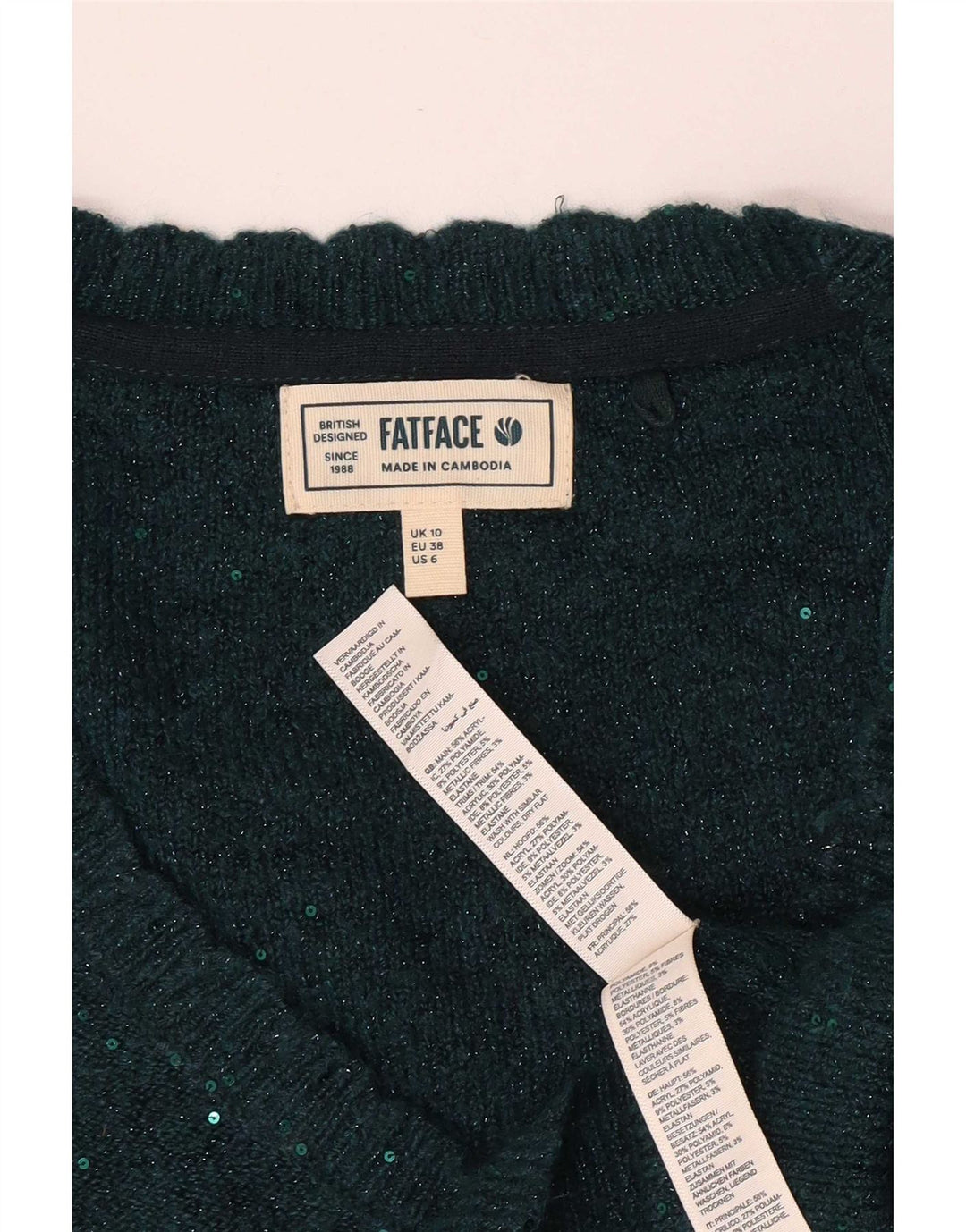 Maglione maglione oversize con scollo a V da donna Fat Face UK 10 Piccolo verde chiazzato