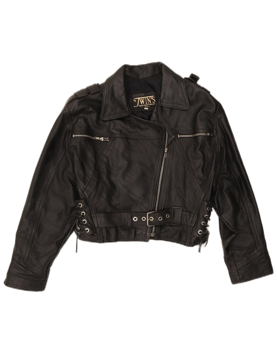 Giacca da motociclista oversize da donna vintage UK 10 piccola in pelle nera