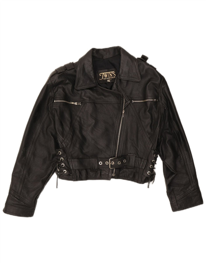 Giacca da motociclista oversize da donna vintage UK 10 piccola in pelle nera