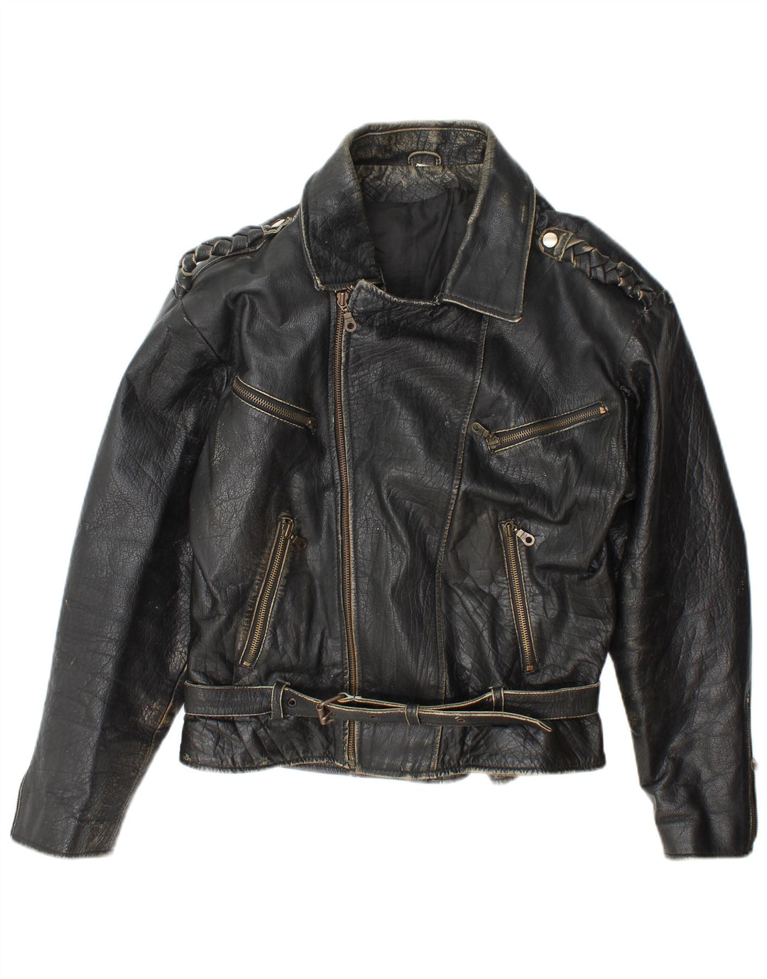 Giacca da motociclista in pelle da uomo vintage UK 36 piccola pelle nera