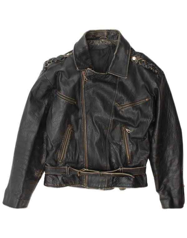 Giacca da motociclista in pelle da uomo vintage UK 36 piccola pelle nera