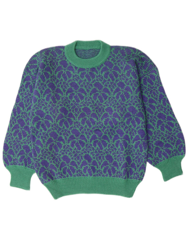 Maglione maglione girocollo da donna VINTAGE UK 14 Blu medio floreale