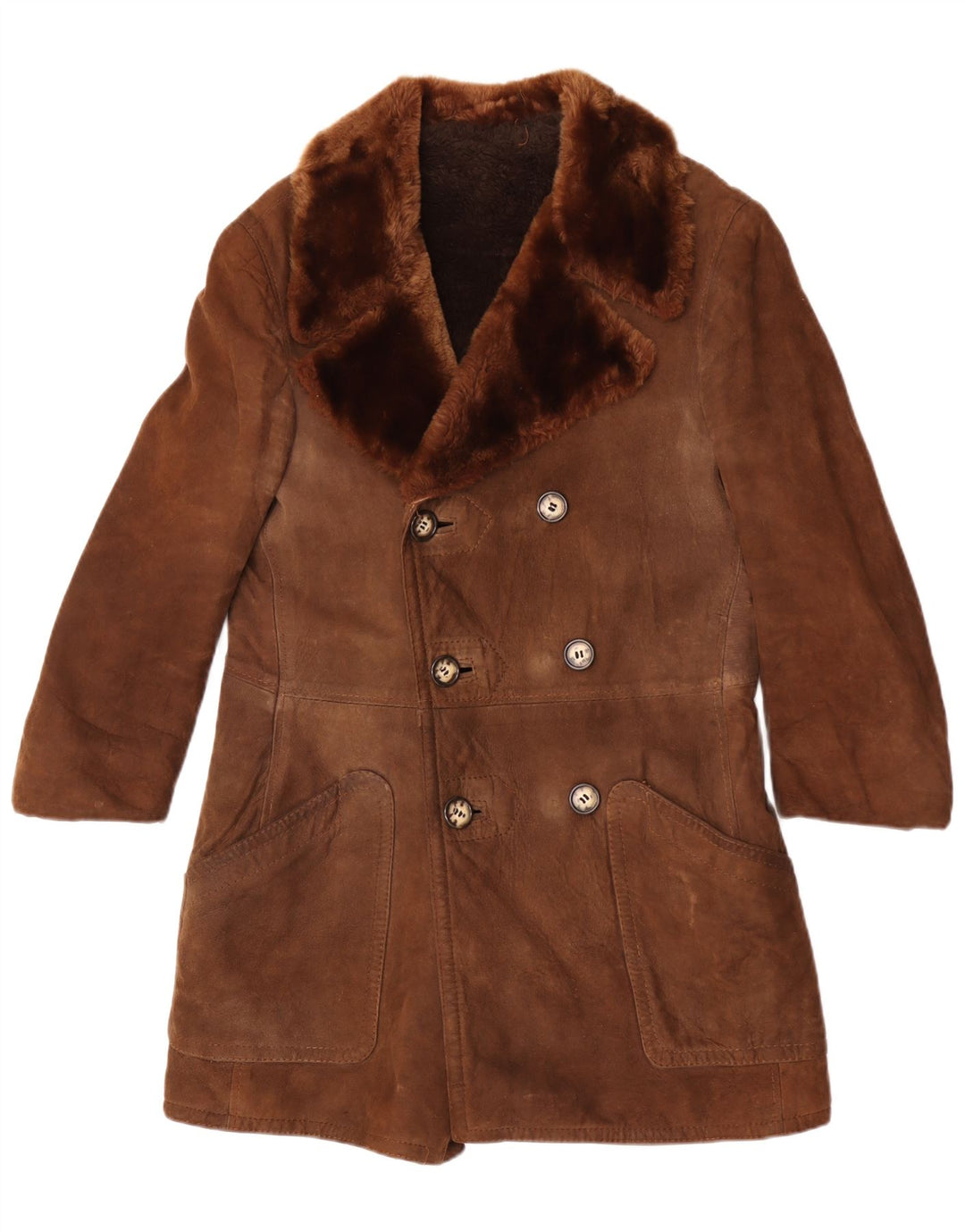 Cappotto in shearling doppio petto da donna vintage UK 12 Marrone medio