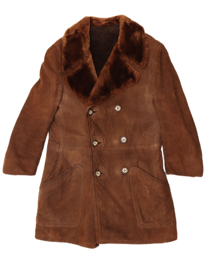 Cappotto in shearling doppio petto da donna vintage UK 12 Marrone medio