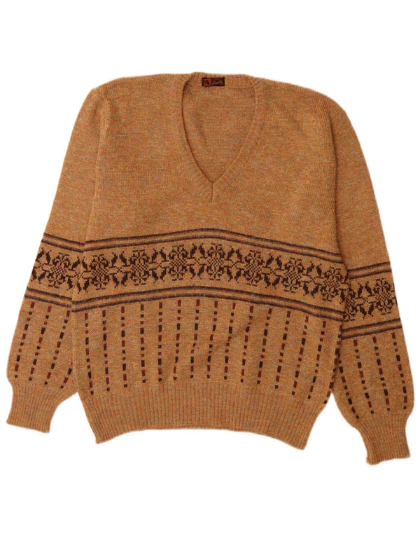 Maglione vintage da uomo con scollo a V in acrilico Fair Isle marrone medio