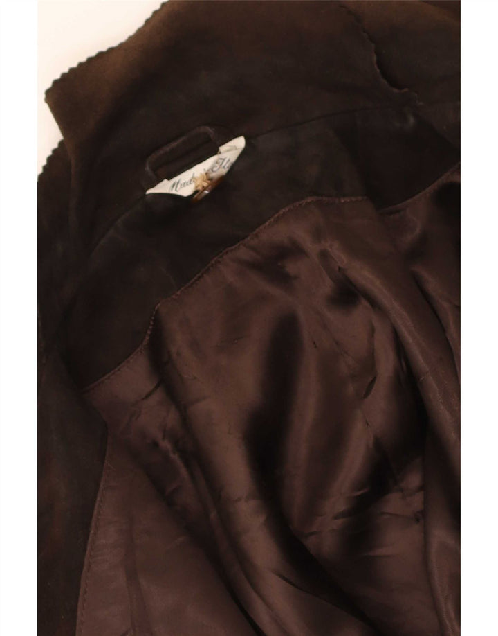 Giacca blazer vintage in pelle scamosciata a 3 bottoni da donna UK 14 Marrone medio