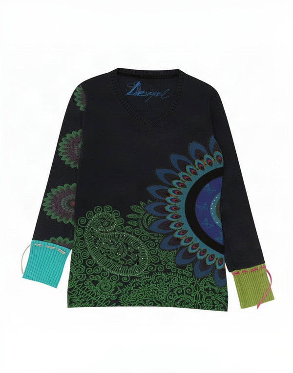 Desigual Donna Graphic Top Manica Lunga UK 14 Grande Blu Navy Paisley