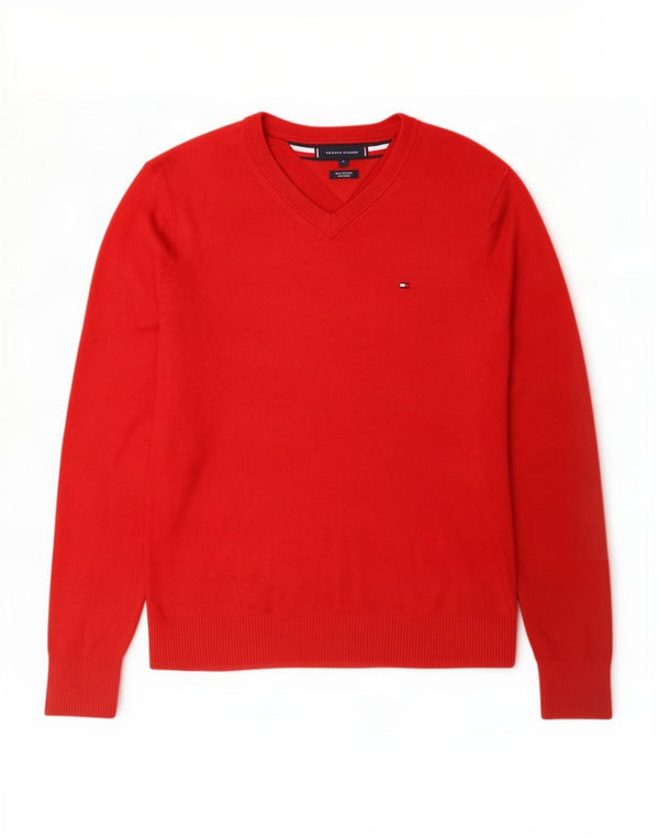 Tommy Hilfiger Mens V-Neck Jumper Sweater Small Red Cotton
