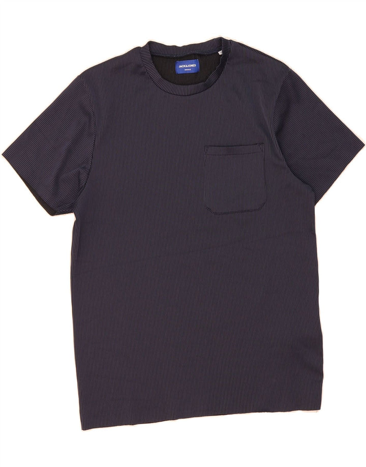 JACK & JONES Mens T-Shirt Top Small Navy Blue Pinstripe Polyester Vintage Jack & Jones and Second-Hand Jack & Jones from Messina Hembry 