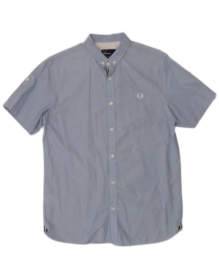 Camicia a maniche corte slim fit da uomo Fred Perry in cotone blu medio