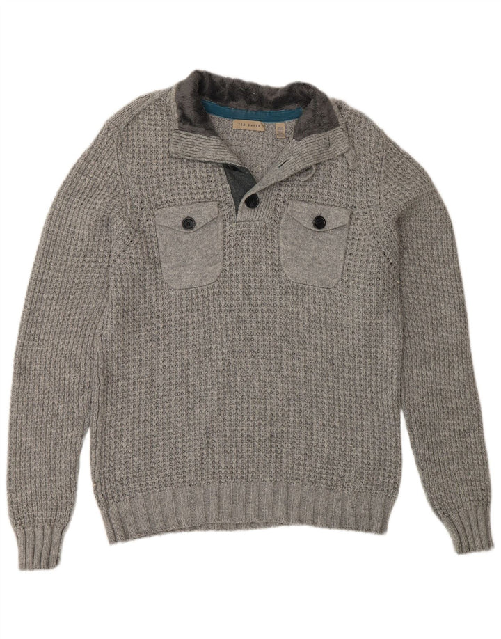 Ted Baker Maglione da uomo con collo a bottoni taglia 4 grande cotone grigio