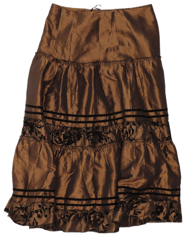Gonna a strati da donna vintage UK 14 Grande W34 Poliestere floreale marrone