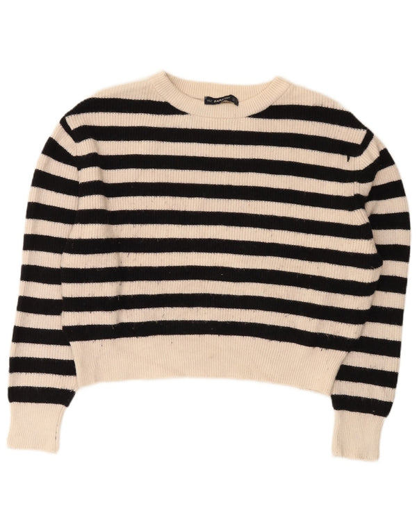 Maglione corto con scollo a barca da donna Zara UK 10 piccolo a righe bianco sporco