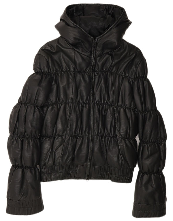 Giacca in pelle imbottita con cappuccio da donna Armani Jeans UK 10 piccola in pelle nera