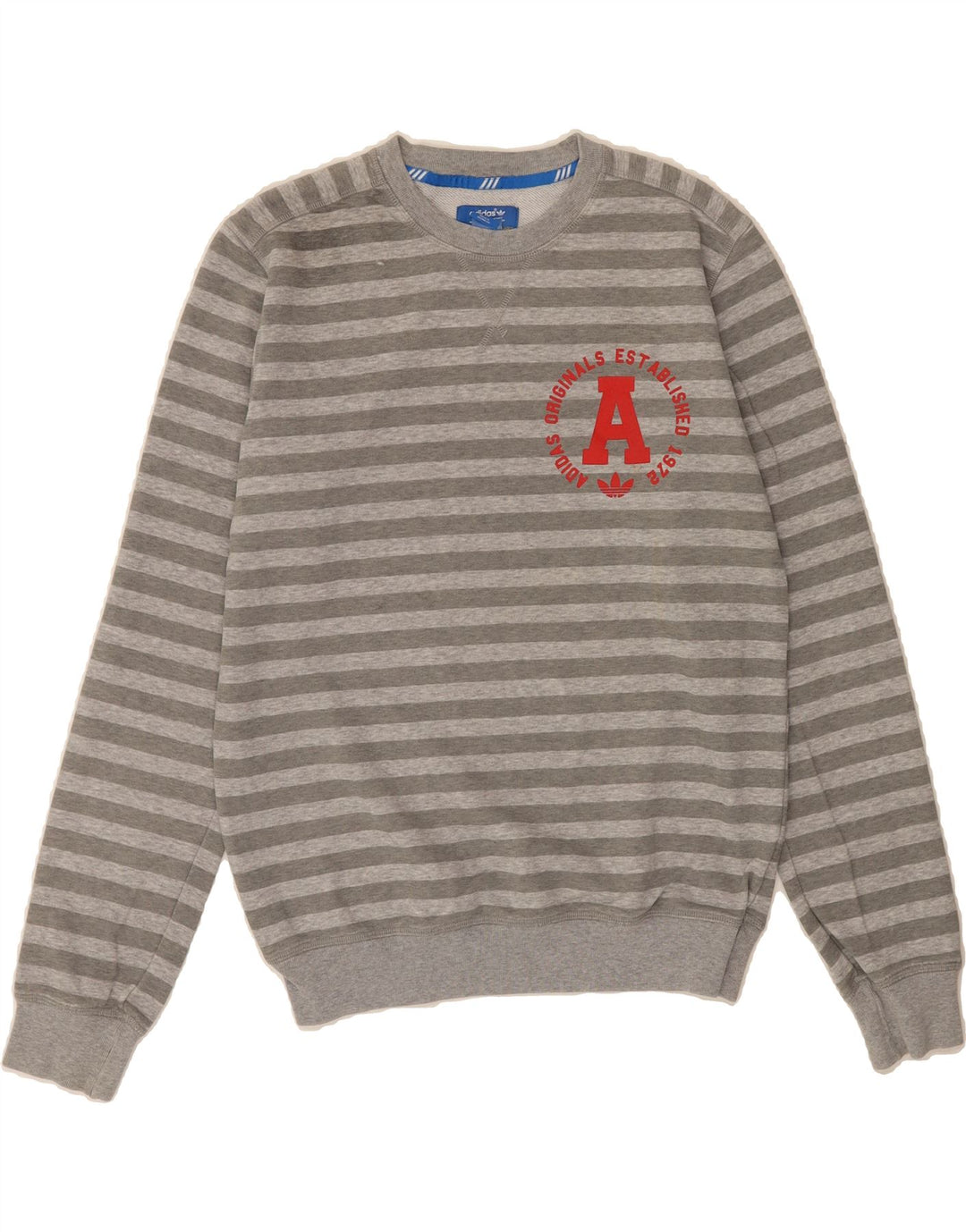 ADIDAS Mens Sweatshirt Jumper Small Grey Striped Cotton Vintage Adidas and Second-Hand Adidas from Messina Hembry 