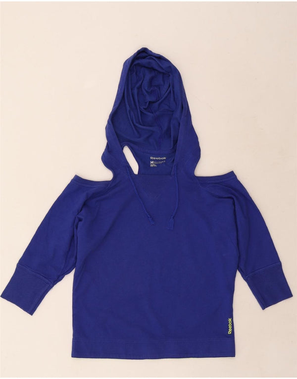 REEBOK Womens 3/4 Sleeve Hoodie Jumper UK 12/14 Medium Blue Cotton
