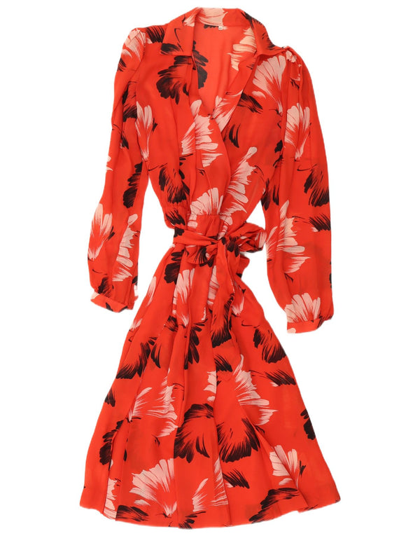Abito a trapezio a maniche lunghe da donna vintage IT 46 Grande motivo floreale rosso