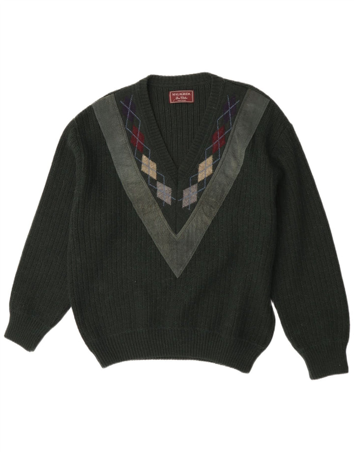 Malagrida Maglione da uomo con scollo a V grande verde a rombi/diamante