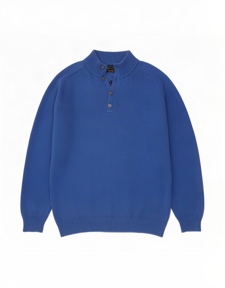 Massimo Dutti Maglione da uomo con collo a bottoni 2XL in cotone blu