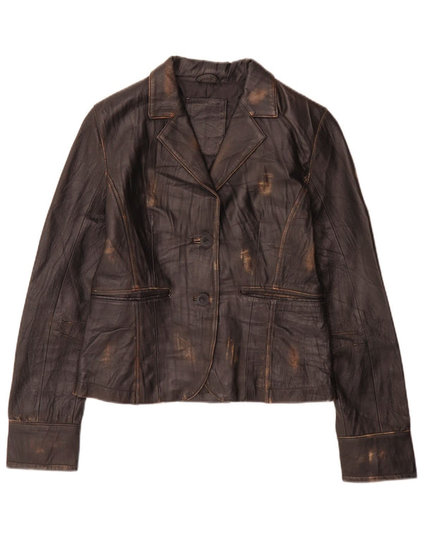 Giacca blazer in pelle vintage da donna a 2 bottoni UK 8 piccola nera