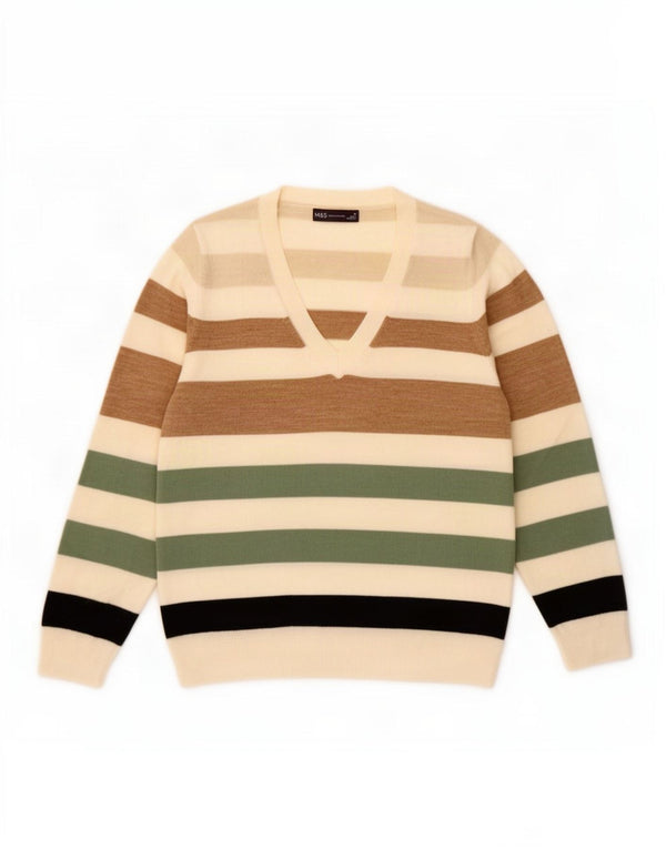 Maglione da donna con scollo a V Marks & Spencer UK 14 a righe beige medio