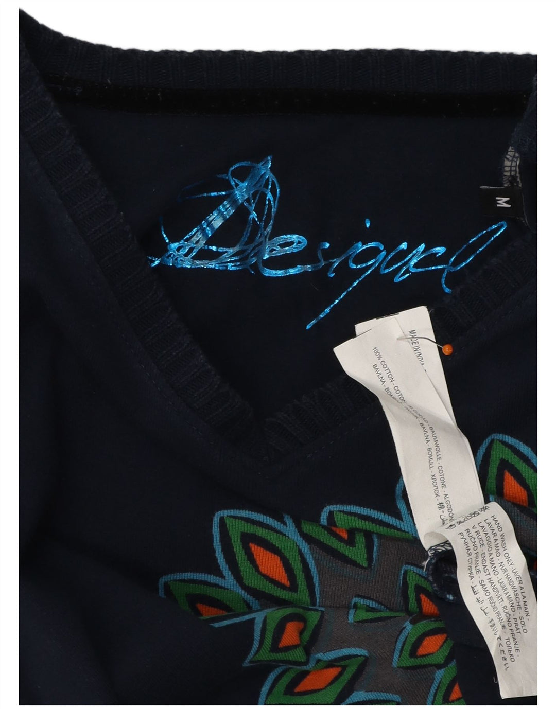 Desigual Donna Graphic Top Manica Lunga UK 12 Medio Blu Navy Cotone