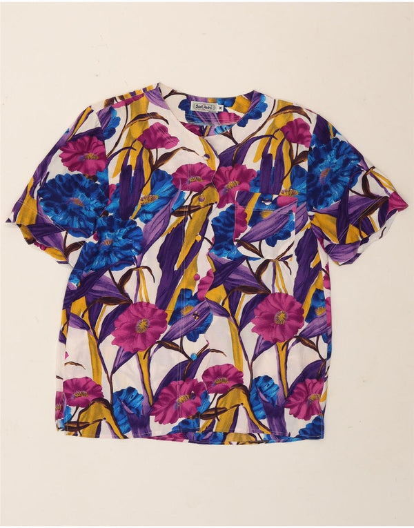 Camicetta camicia a maniche corte da donna vintage UK 14 floreale multicolore medio