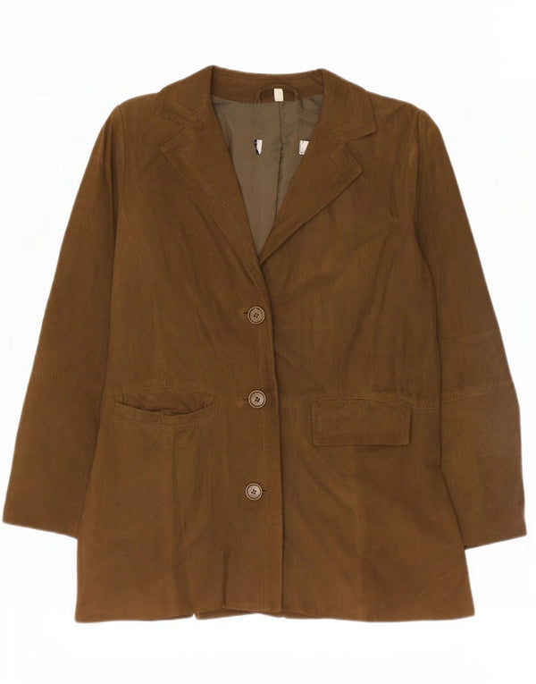 Giacca blazer a 3 bottoni in pelle scamosciata dalla vestibilità rilassata da donna vintage UK 6 XS Cachi